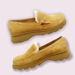 Y2K MUDD Kin Platform Loafers Tan Beige Suede Fur Slip On Shoes Womens Size 6